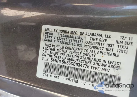 2012 Honda Odyssey Ex-L z USA, uszkodzony, nr VIN 5FNRL5H66CB034776